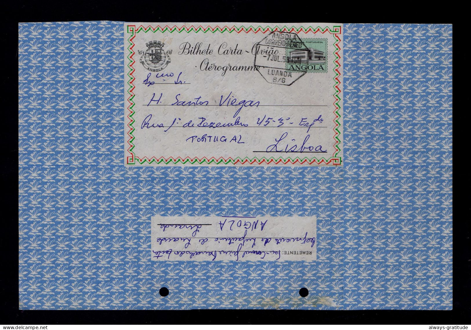 Sp10471 ANGOLA Used 1958 SCARCE Aèrogramme Flowers Fleurs Flora Camps /CARMONA (Uige) Post Office Mail House Portugal - Post