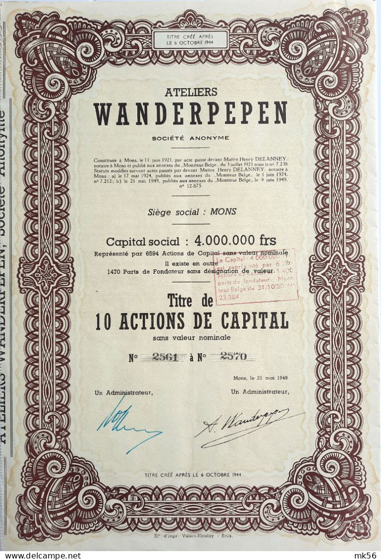 Ateliers Wanderpepen - Mons - 1949 - Sonstige & Ohne Zuordnung