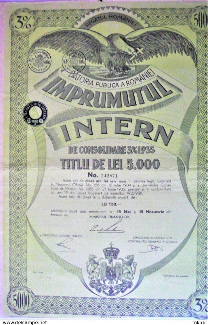 Datoria Publica .Romanei - Imprumutul Intern De Consolidare  3% Din. 1935/5000lei - Otros & Sin Clasificación