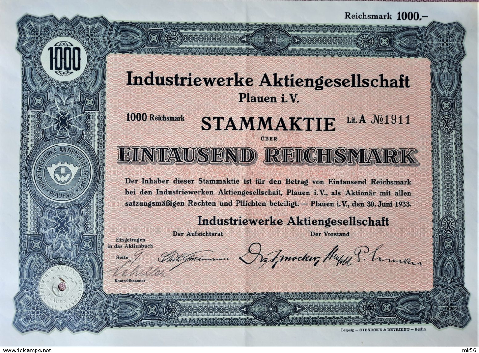 Industriewerke A.G. Plauen I.V. - Stammaktie über 1000 RM - Sonstige & Ohne Zuordnung