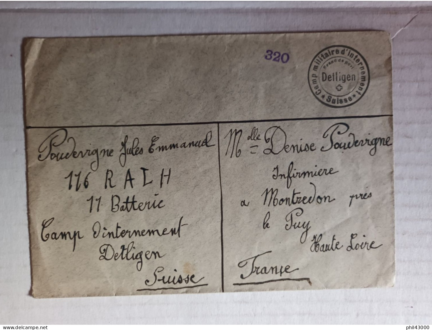 CACHET MILITAIRE SUR ENVELOPPE SUISSE CAMP MILITAIRE INTERNEMENT DETLINGEN - Documents