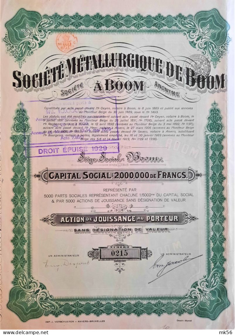 Société Métallurgique De Boom à Boom (1923) - Action De Jouissance Au Porteur - Industry