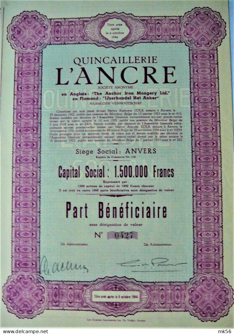 Quincaillerie L'Ancre - Part Bénéficiaire  (Antwerpen) - Altri & Non Classificati