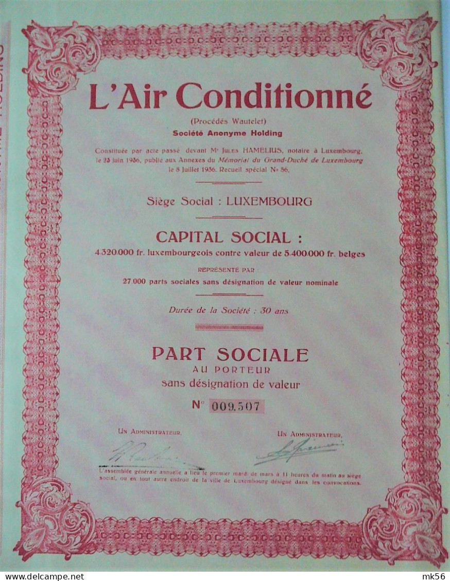 S.A. L'Air Conditionné -part Sociale (Luxembourg) 1936 - Otros & Sin Clasificación