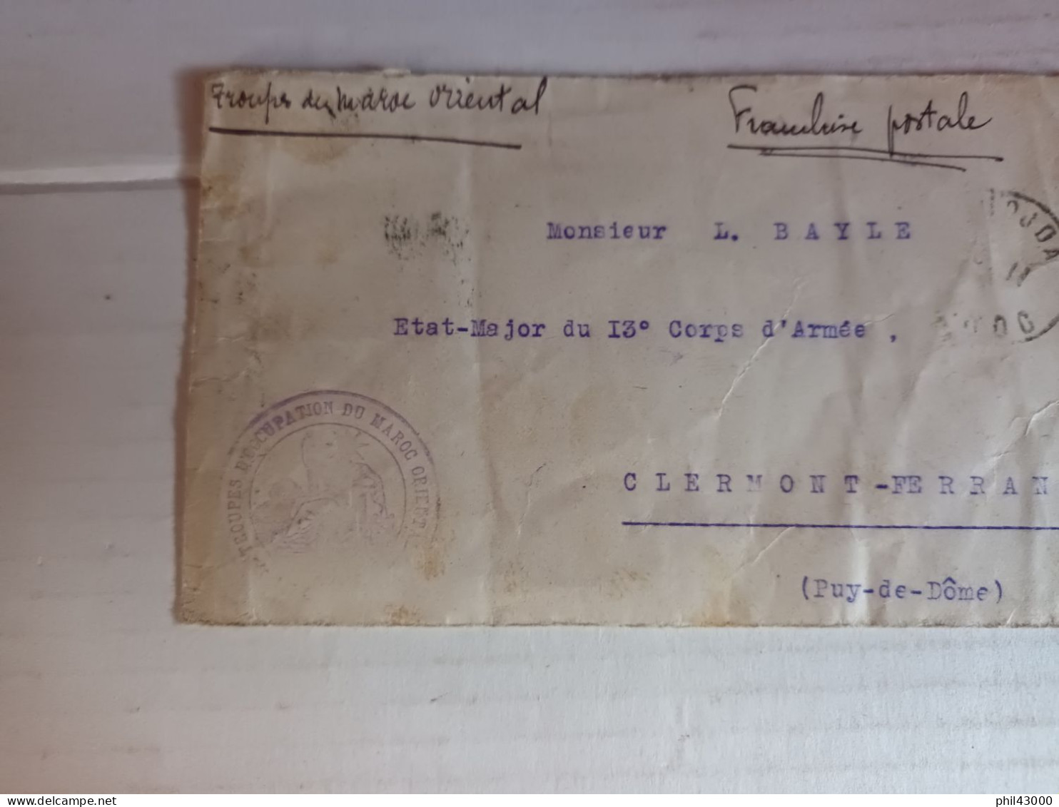 CACHET MILITAIRE SUR ENVELOPPE MAROC TROUPES D'OCCUPATION DU MAROC ORIENTAL ETAT MAJOR - Documents