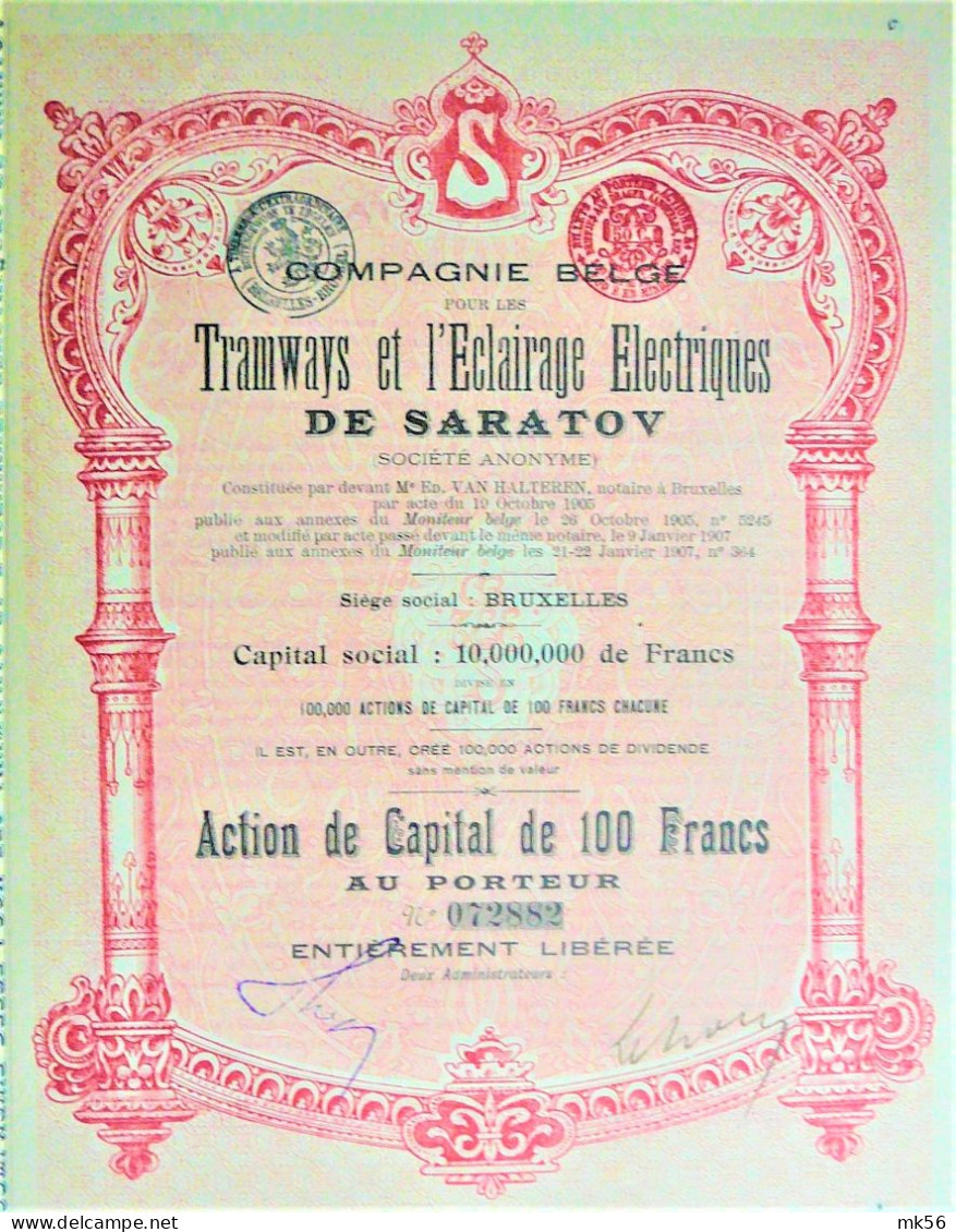 Tramways Et Eclairage Electr.de Saratov -act.de Cap.de100 Fr (1905) - Ferrovie & Tranvie