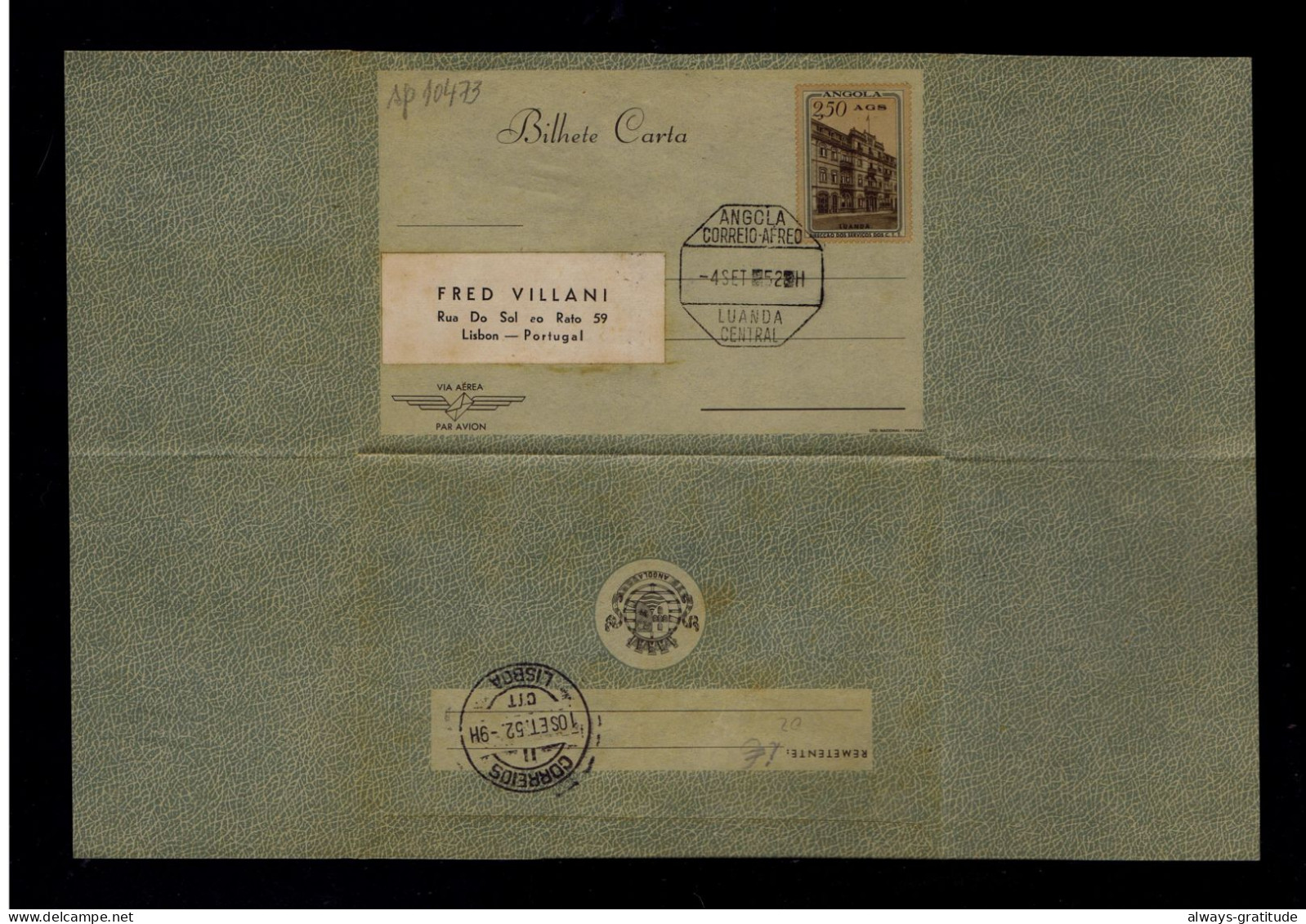 Sp10473 ANGOLA Used 1952 SCARCE Aèrogramme /Direction Post Office House -Luanda Portugal - Correo Postal