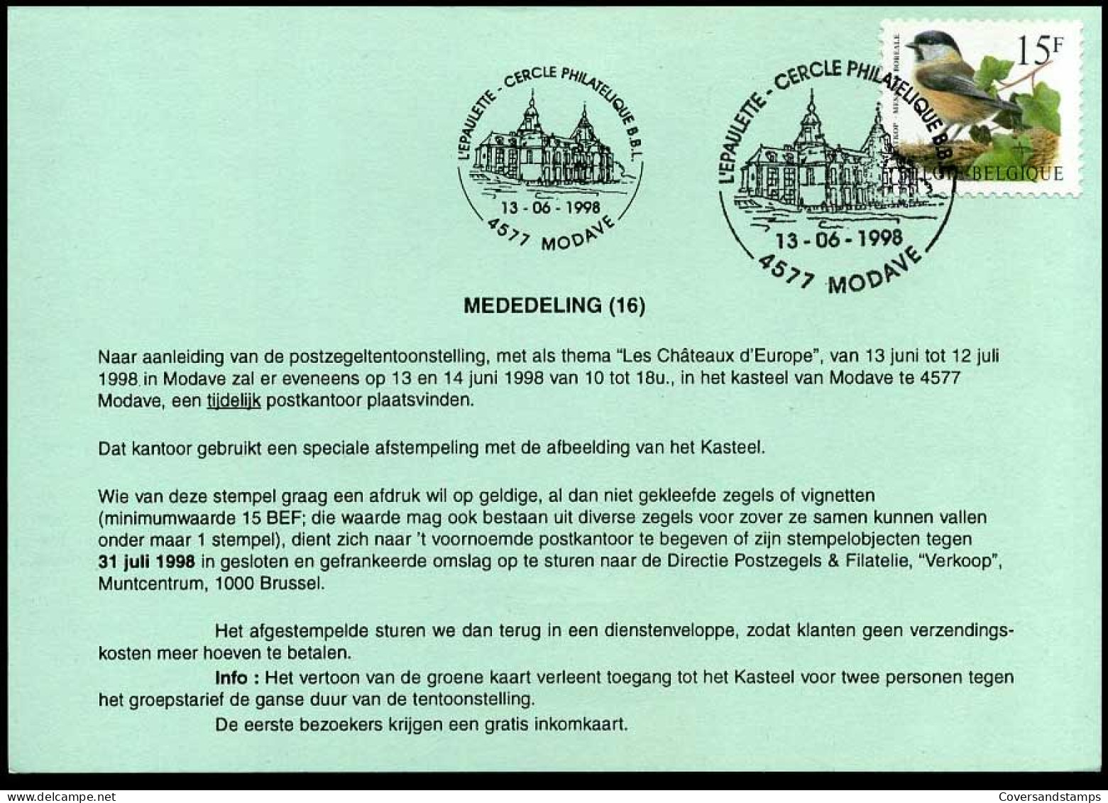 België 2695 Met Bijzondere Afstempeling Modave - 1985-.. Vogels (Buzin)