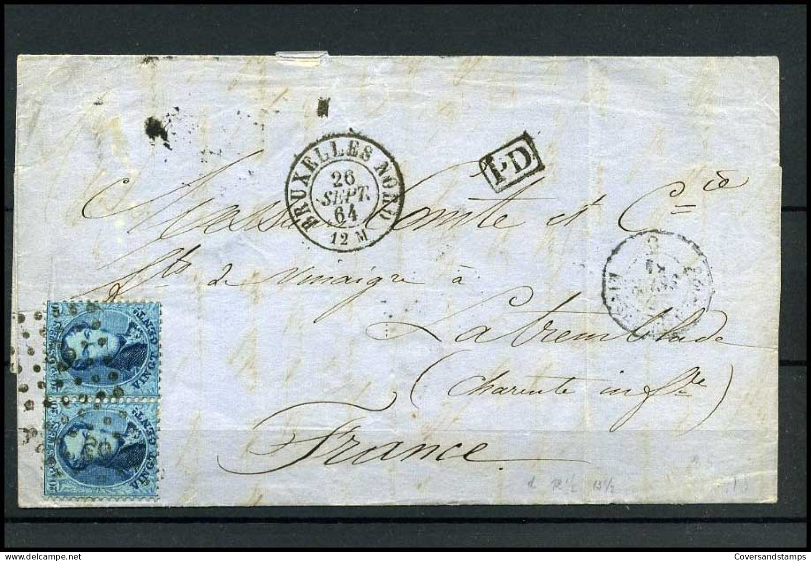 Brief Uit 1864 Van Bruxelles Nord Naar La Tremblade, France, Met 2 X No 15 - 1863-1864 Médaillons (13/16)