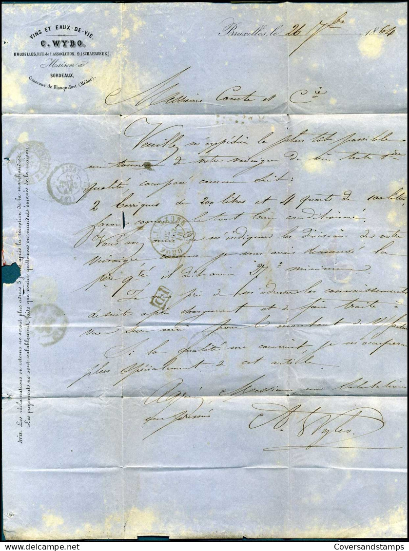 Brief Uit 1864 Van Bruxelles Nord Naar La Tremblade, France, Met 2 X No 15 - 1863-1864 Medaillons (13/16)