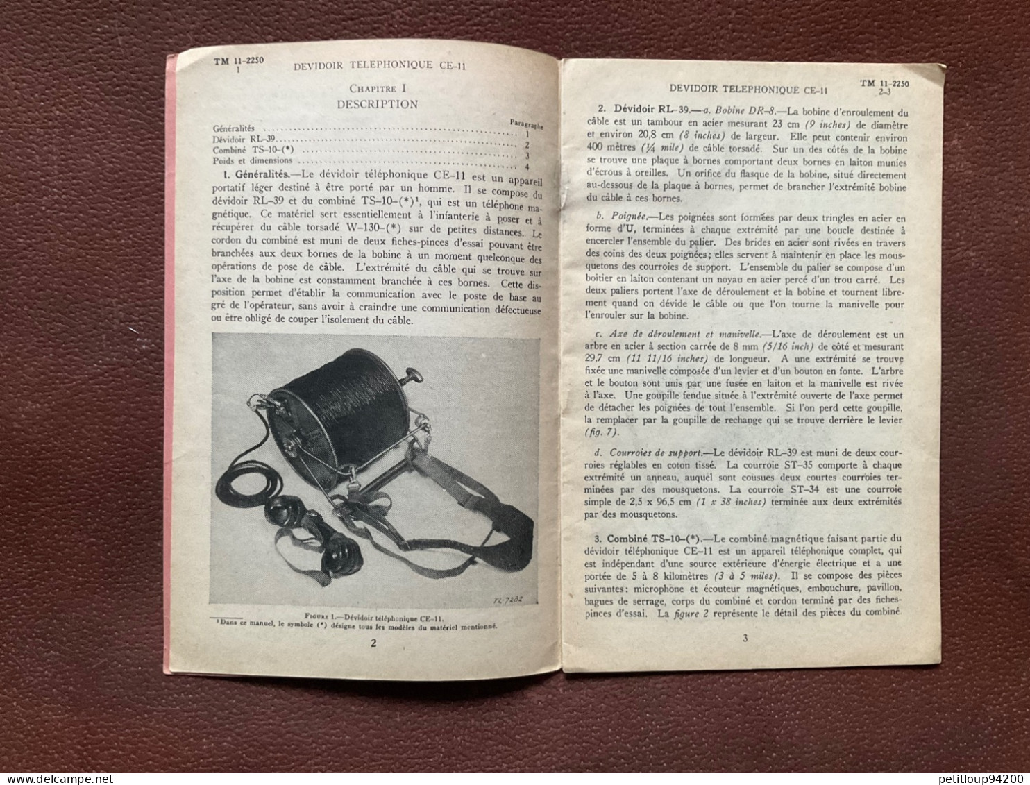 MINISTÈRE De La GUERRE  Dévidoir Téléphonique CE-11 MANUEL TECHNIQUE Juin1944 - France