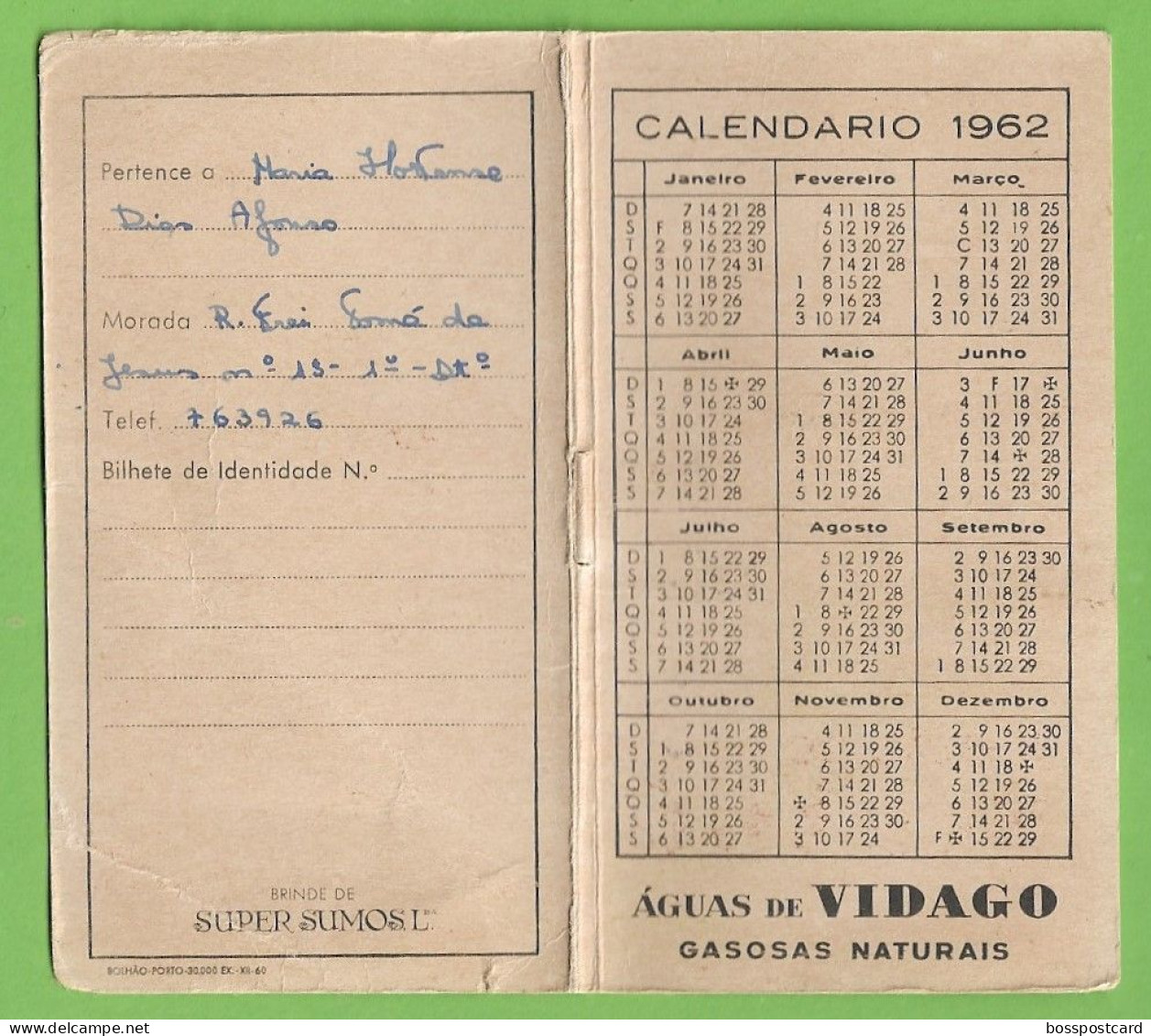 Vidago - Calendário De 1962 - Publicidade - Portugal (incompleto) - Big : 1961-70