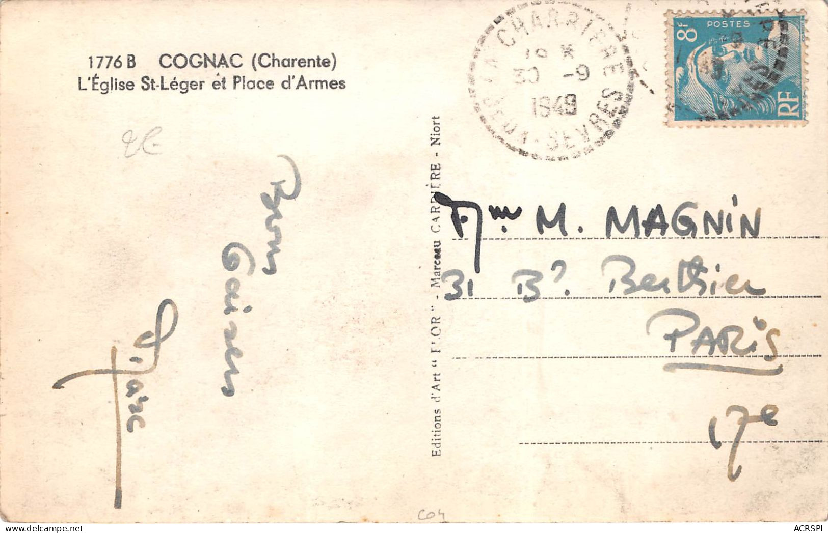 COGNAC L Eglise St Leger Et Place D Armes 23(scan Recto-verso) MA409 - Cognac
