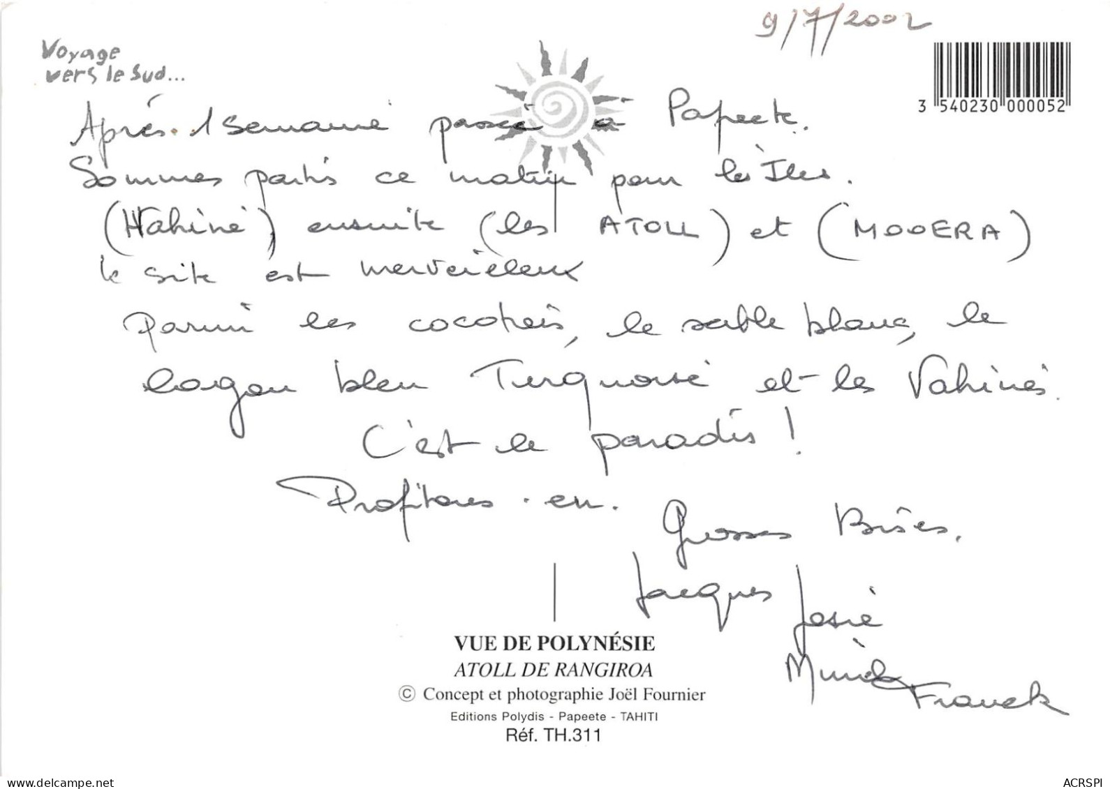 TAHITI Voyage Vers Le Sud Vue De Polynesie Atoll De Rangiroa 11(scan Recto-verso) MA450 - Polynésie Française