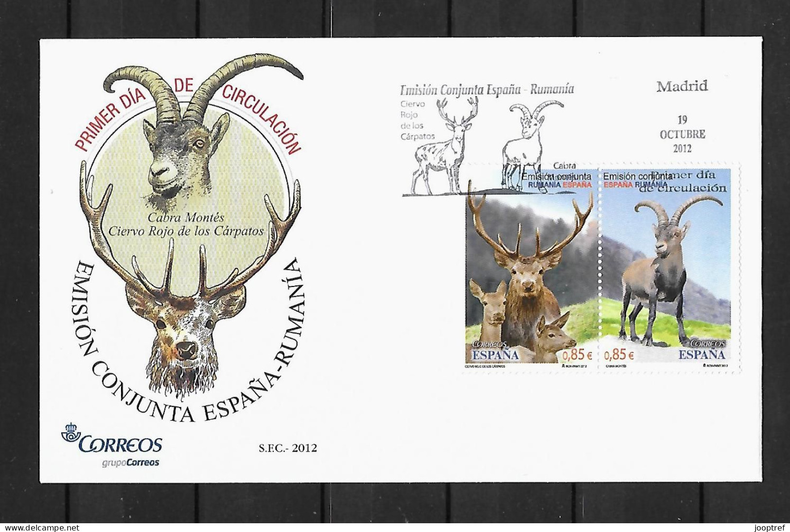 2012 Joint Spain And Romania, OFFICIAL FDC SPAIN WITH STAMPS: Mountain Fauna - Emissions Communes