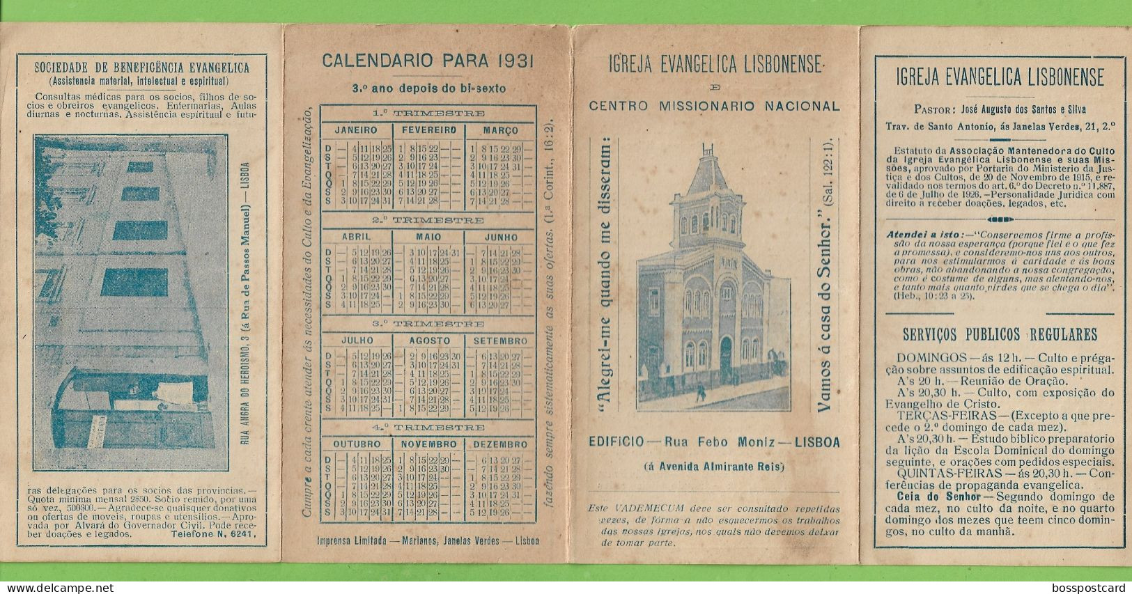 Lisboa  - Calendário De 1931 Da Igreja Evangelica Lisbonense - Publicidade - Portugal - Grossformat : 1921-40