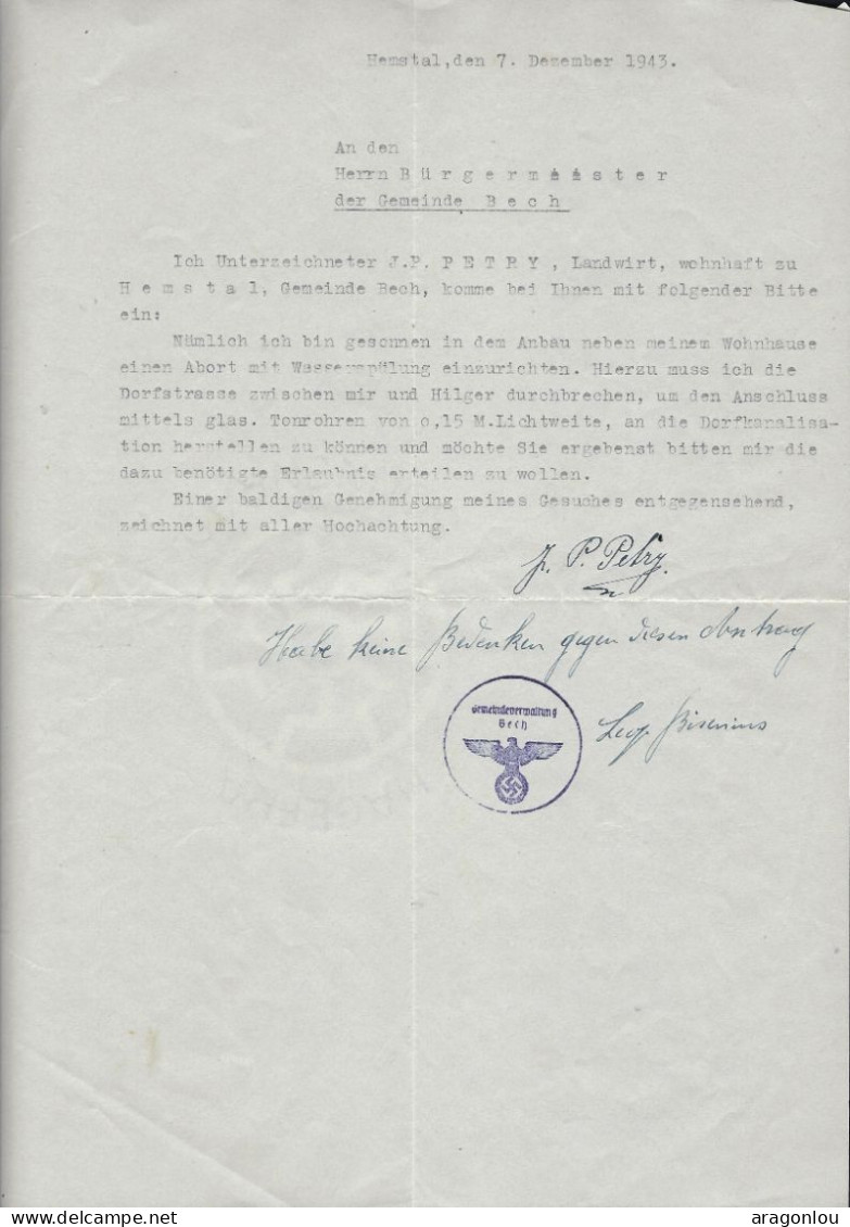 Luxembourg - Luxemburg -  1943  Anfrage Einer Genehmigung An Den Bürgermeister Der Gemeinde BECH - Lussemburgo