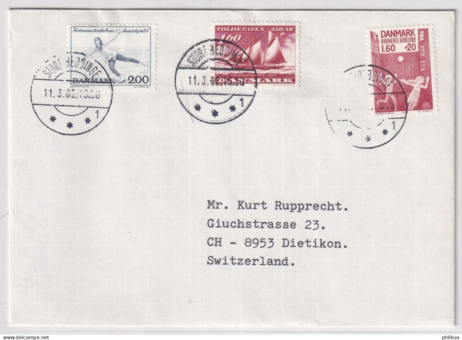 MiNr. 747 Dänemark 1982, 25. Febr. Eiskunstlauf-Weltmeisterschaften, Kopenhagen Brief  Storehedinge - Schweiz - Briefe U. Dokumente