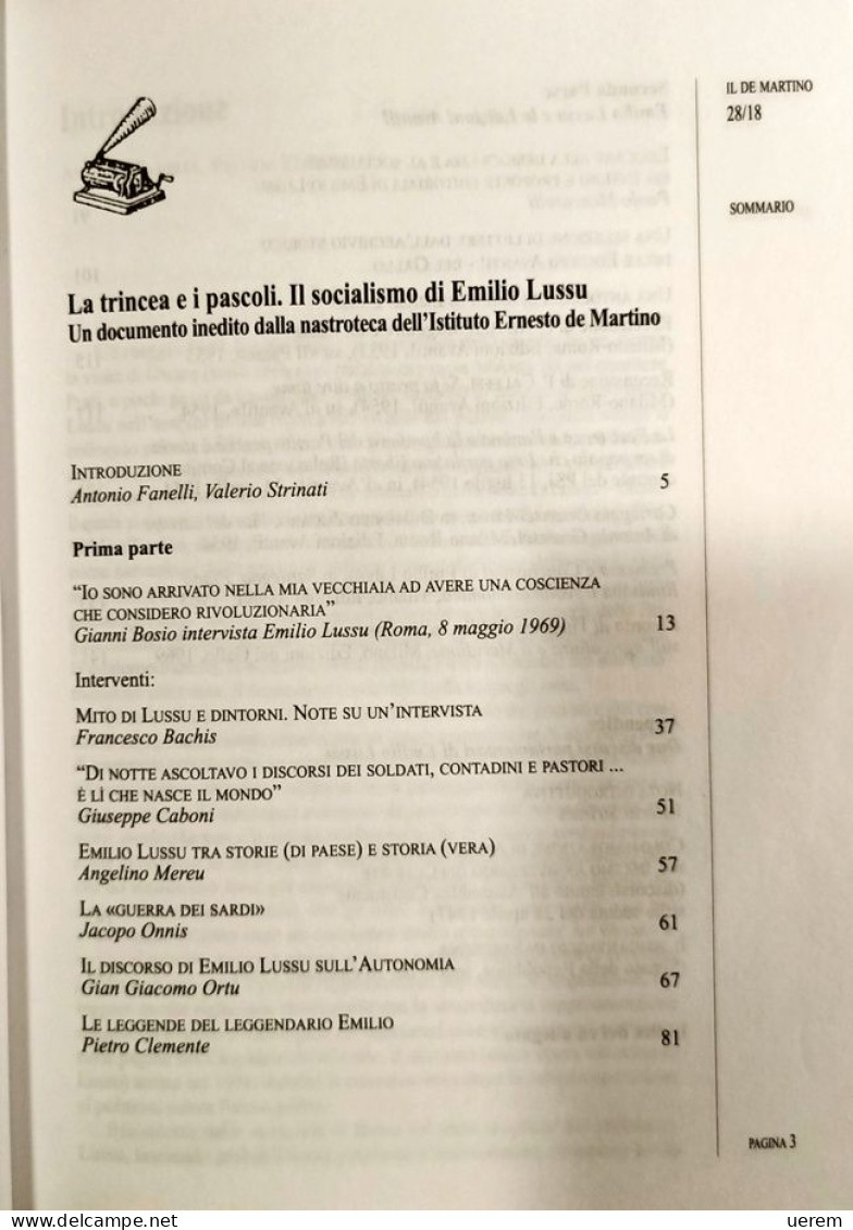 2018 Emilio Lussu AA.VV. LA TRINCEA E I PASCOLI. IL SOCIALISMO DI EMILIO LUSSU Istituto De Martino - Old Books