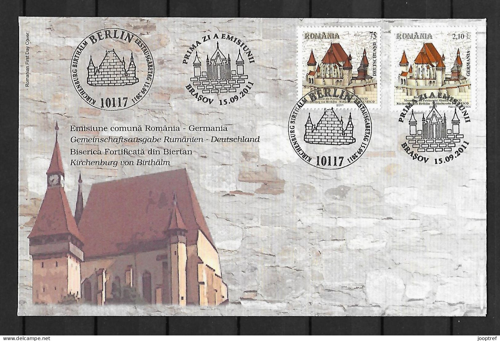 2011 Joint Romania And Germany, OFFICIAL MIXED FDC WITH 2 STAMPS: Fortified Church Biertan - Joint Issues