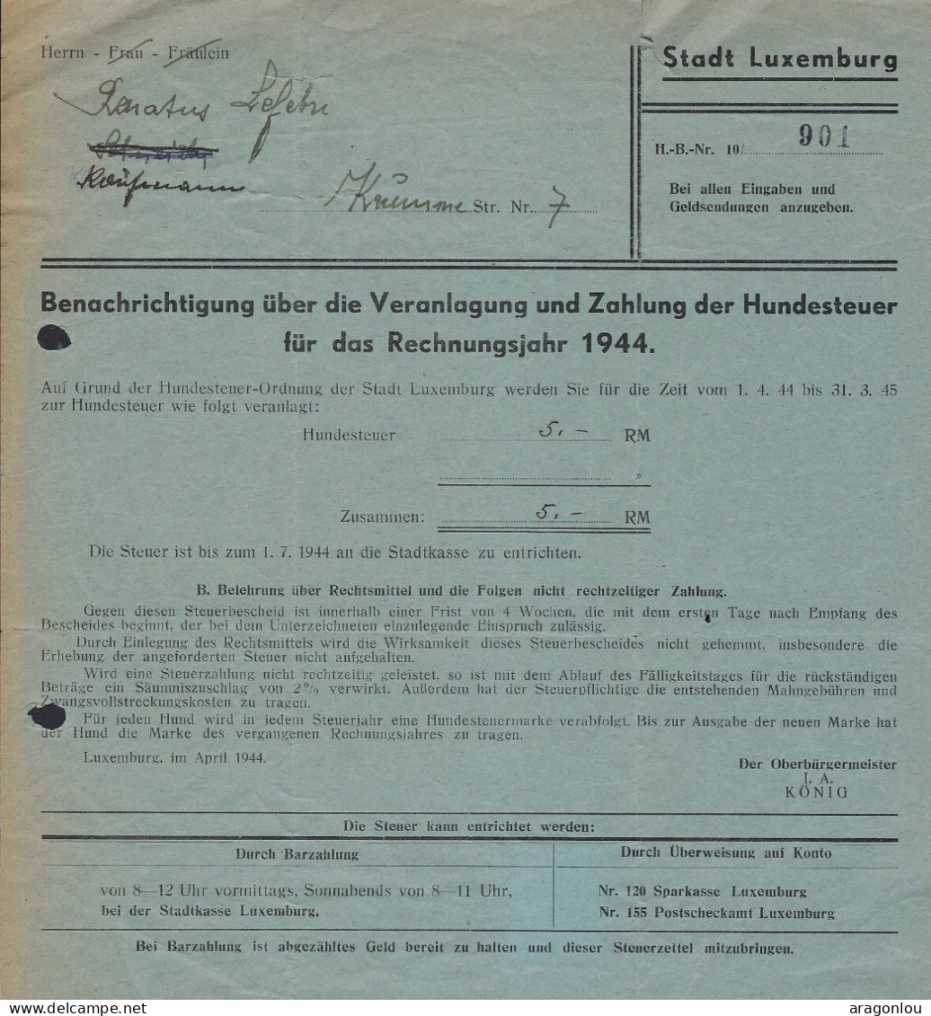 Luxembourg - Luxemburg -  1944  Stadt Luxemburg - Zahlung Der Hundesteuer Für Das Rechnungsjahr 1944 - Luxembourg