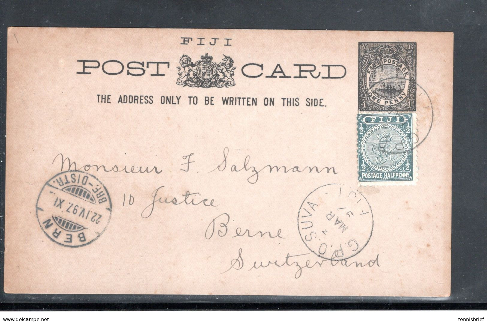 FIJI , 1897, 1/2 P. On Scarce Stationary Card 1 P., Clear  " G.P.O. SUVA-FIJI-3. Mar 97 " To Switzerland  #118 - Fidji (...-1970)