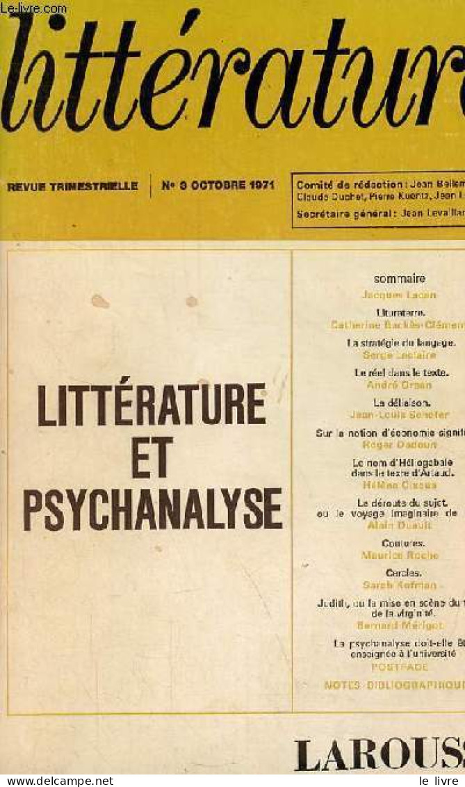 Littérature N°3 Octobre 1971 - Littérature Et Psychanalyse - Lituraterre, Jacques Lacan - La Stratégie Du Langage, Cathe - Otras Revistas