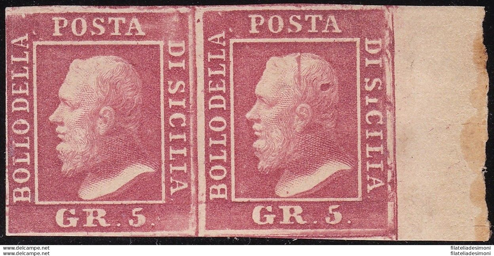 1859 Sicilia, N. 9 5 Grana Ia Tavola Coppia Con Bordo Di Foglio MLH/* Certificato Raybaudi - Sicilië