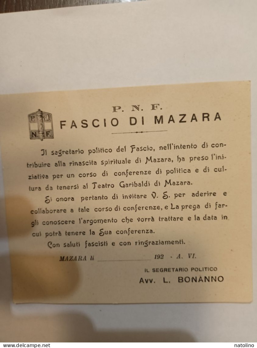 Storia Locale Mazara Del Vallo Fascio Di Mazara Cartoncino Invito P.N.F. Anni 20 Trapani - Other & Unclassified