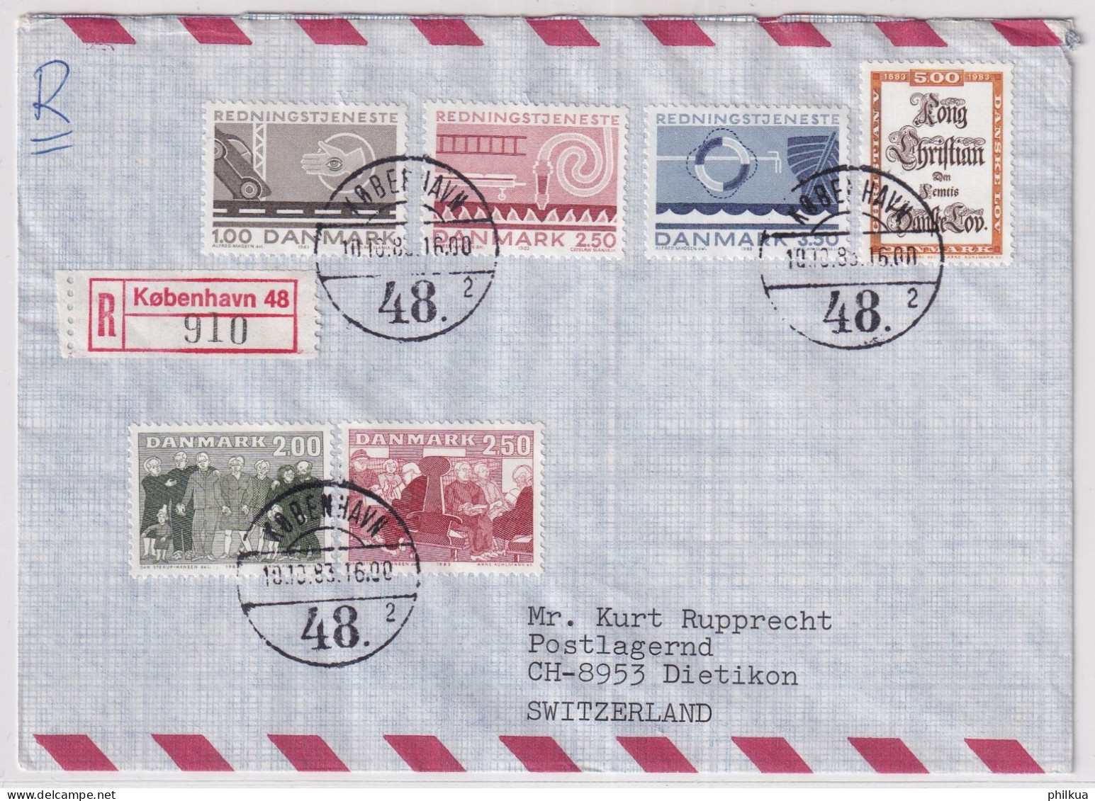 MiNr. 784 - 789 Dänemark 1983, 6. Okt. Rettungsdienste  R-Brief  Kopenhagen - Schweiz - Briefe U. Dokumente