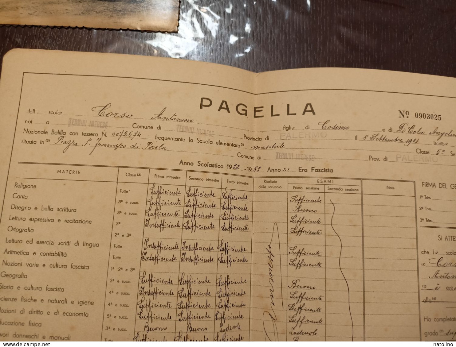 Ministero Dell Educazione Nazionale Opera Balilla Pagella Anno Scolastico 1932/33 Fascismo Termini Imerese Storia Locale - Diplomi E Pagelle