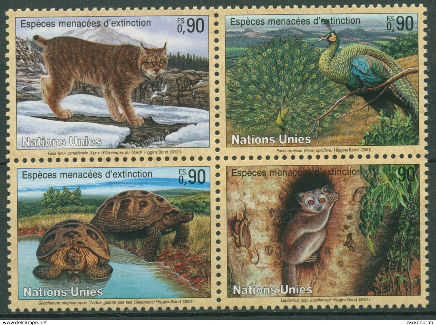 UNO Genf 2001 Gefährdete Tiere Luchs Pfau Schildkröte Affe 409/12 ZD Postfrisch - Unused Stamps