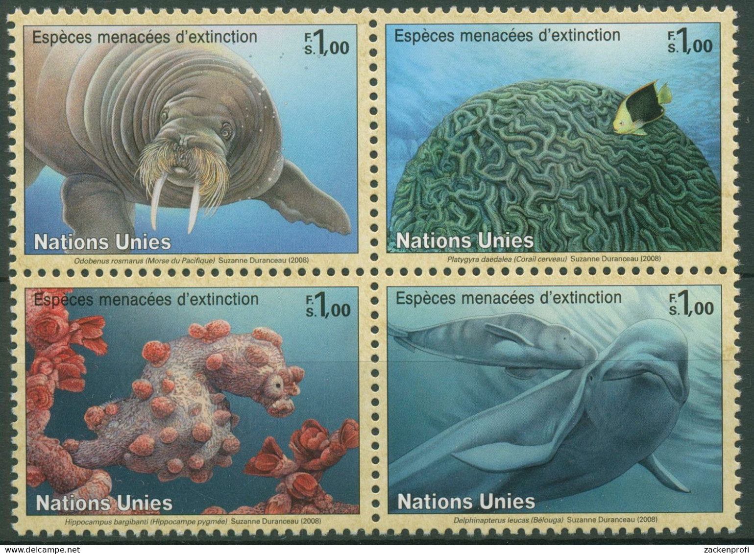 UNO Genf 2008 Gefährdete Tiere Walross Koralle Seepferdchen 588/91 ZD Postfrisch - Unused Stamps