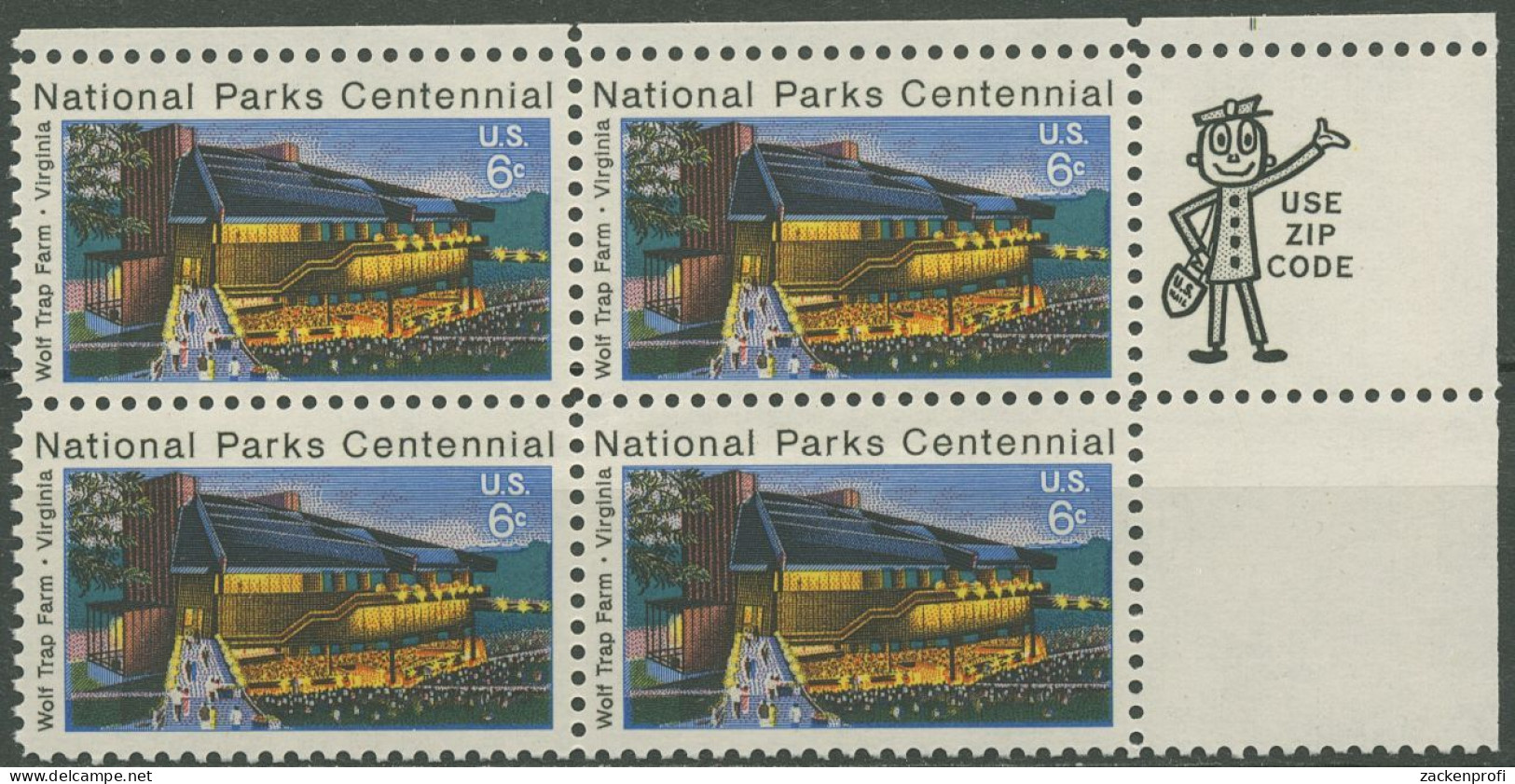 USA 1972 100 J. Nationalparks Wolf Trap Farm 1068 4er-Bl. Mit ZIP Postfrisch - Nuevos