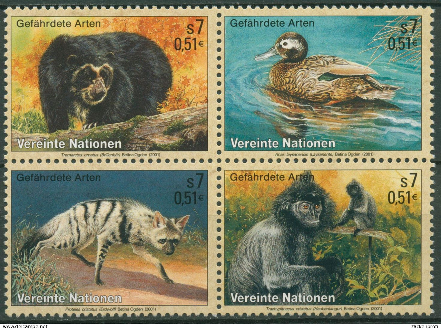 UNO Wien 2001 Gefährdete Tiere Bär Ente Wolf Langur 327/30 ZD Postfrisch - Unused Stamps