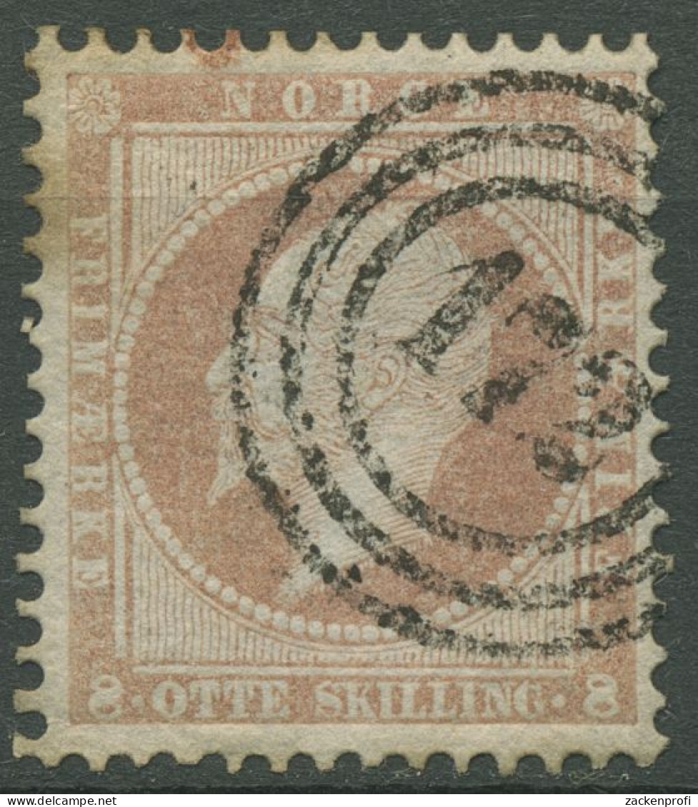 Norwegen 1856/57 König Oskar I. 8 Skilling, 5 Gestempelt 172 Larvik, Fleckig - Used Stamps