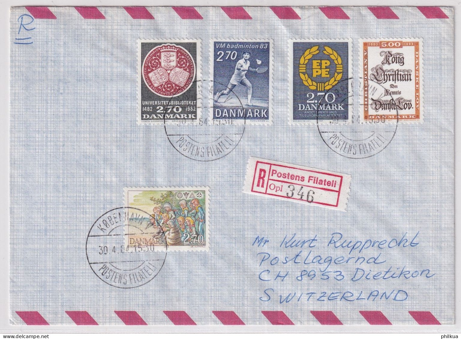 MiNr. 770 Dänemark 1983, 24. Febr. Badminton-Weltmeisterschaften, Dänemark R-Brief  Kopenhagen - Schweiz - Storia Postale