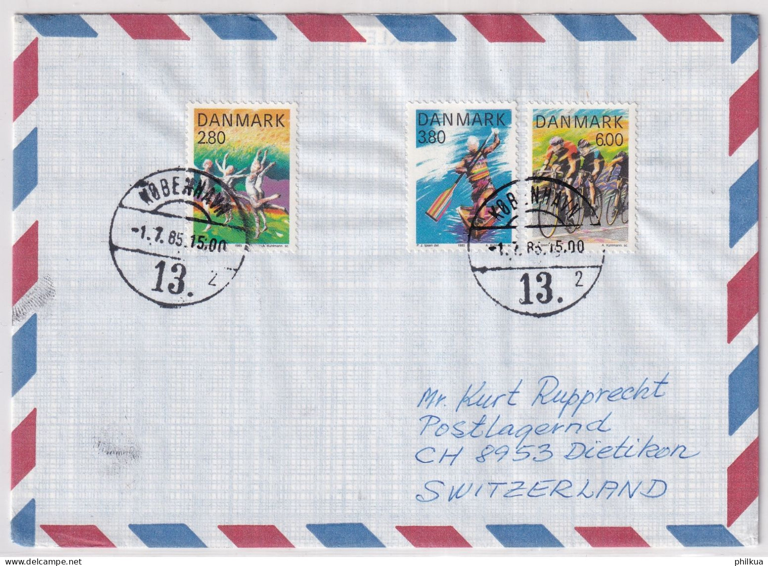 MiNr. 842 - 844 Dänemark  1985, 27. Juni. Sport Brief  Kopenhagen - Schweiz - Briefe U. Dokumente