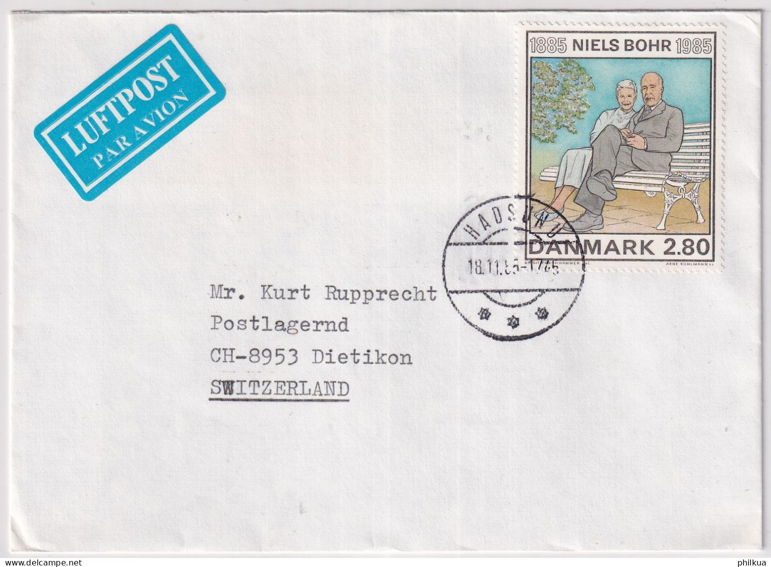 MiNr. 848 Dänemark 1985, 3. Okt. 100. Geburtstag Von Niels Bohr Brief  Hadsund - Schweiz - Storia Postale