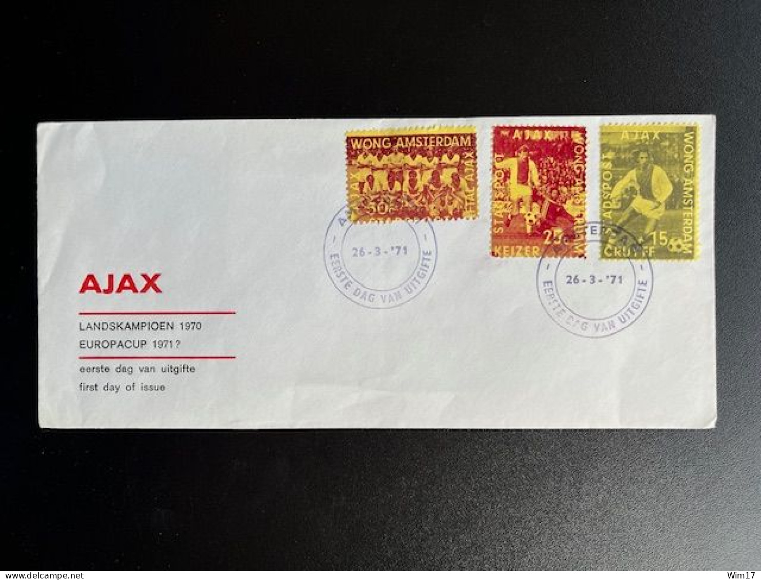 NETHERLANDS 1971 FDC LOCAL MAIL SERVICE WONG AMSTERDAM AJAX CHAMPIONS 26-03-1971 NEDERLAND STADSPOST - Cartas & Documentos