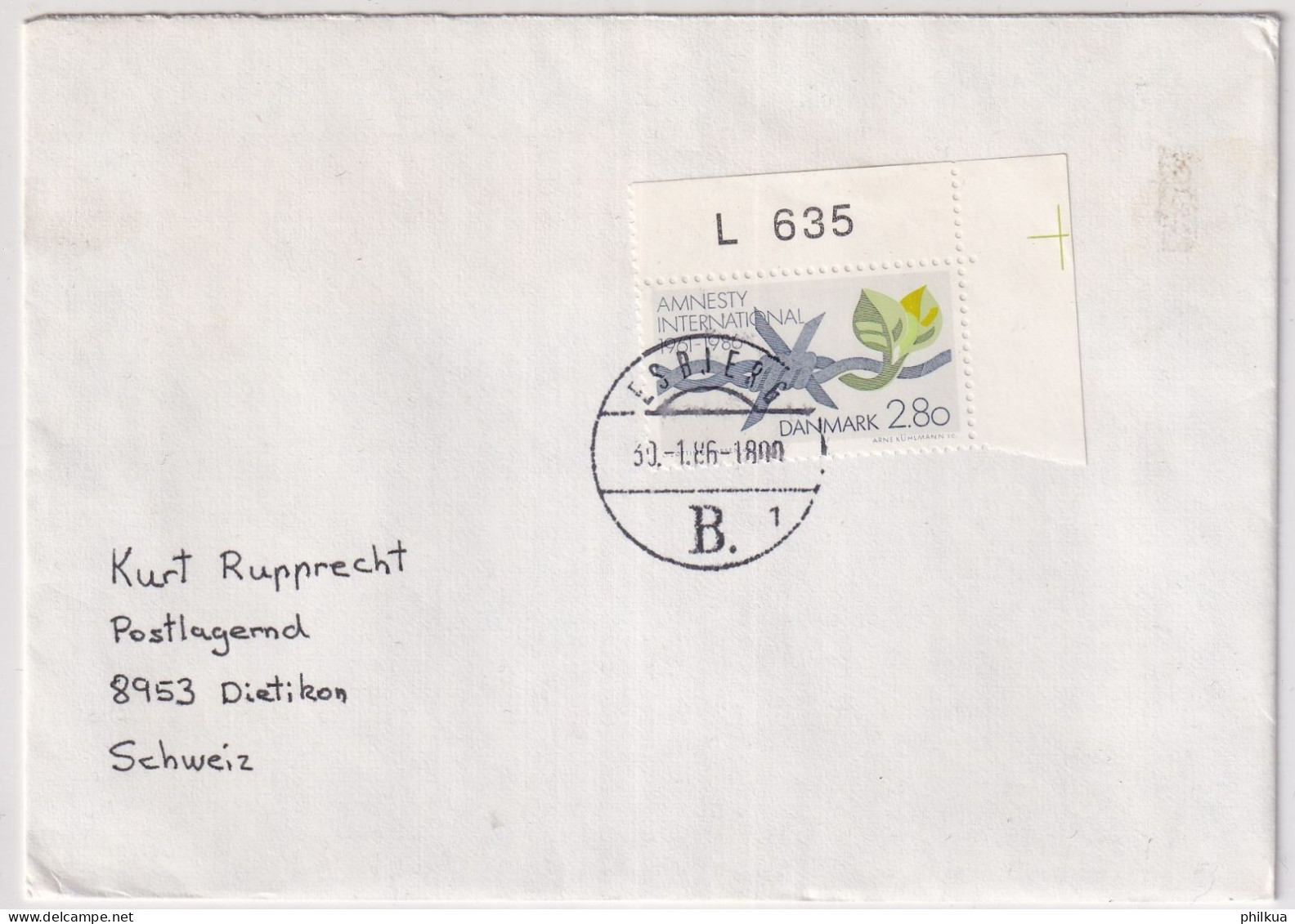 MiNr. 856 Dänemark       1986, 23. Jan. 25 Jahre Amnesty International Brief Esbjerg - Schweiz - Briefe U. Dokumente