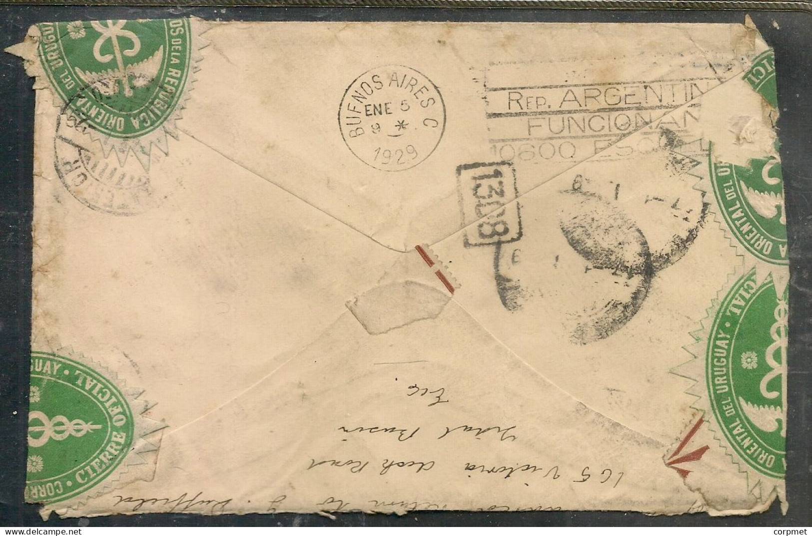 URUGUAY 1928 COVER LONDRES A MONTEVIDEO - Fwd A BUENOS AIRES By MALA REAL-CARTA Con 4 CIERRES Ciardi CO2 Y CO3 2 Colores - Uruguay