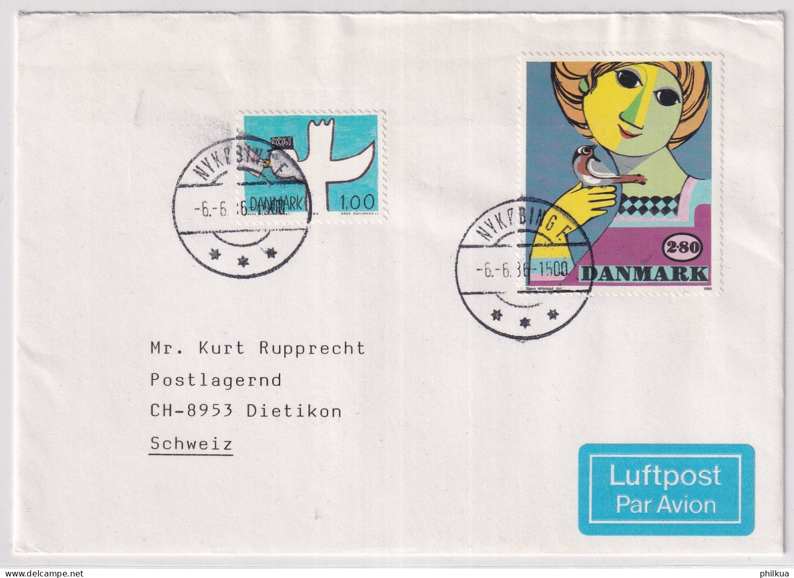 MiNr. 855 Dänemark 1986, 23. Jan. Zeitgenössische Kunst (II) Brief Nykfbinge - Schweiz - Storia Postale