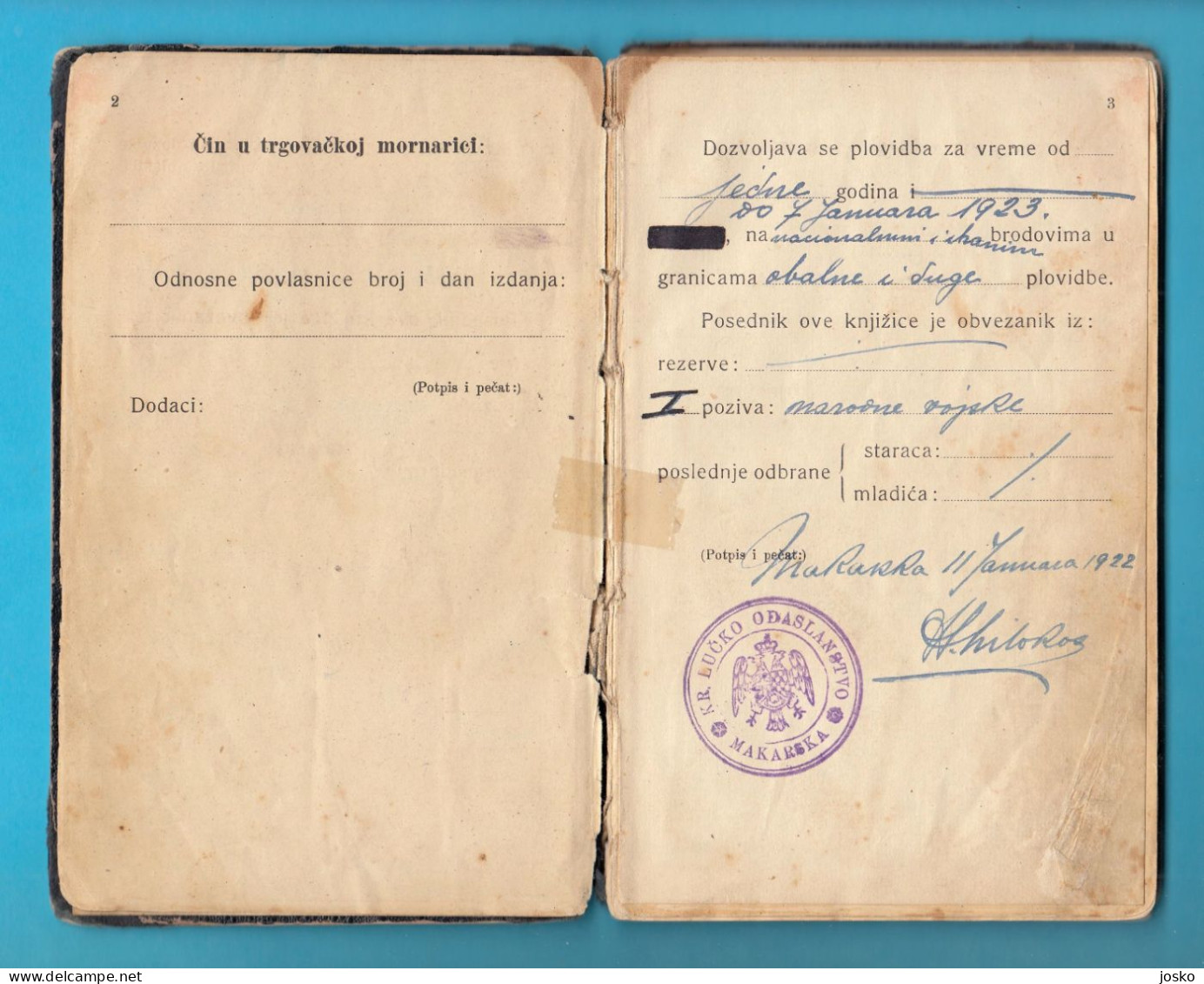 CROATIA Ex YUGOSLAVIA SEAMAN'S BOOK (1922) Baška Voda - Makarska * Livret Professionnel Maritime Libretto Di Navigazione - Otros & Sin Clasificación