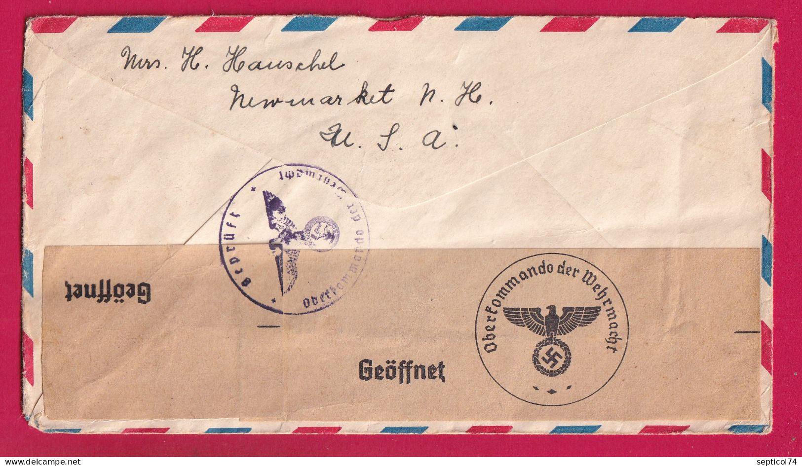 NEWMARKET NEW HAMPSHIRE USA ENTIER + TIMBRE AIR MAIL + ANNULATION CIBLE CENSURE NAZI AU DOS ILLINGEN GERMANY LETTRE - Poststempel