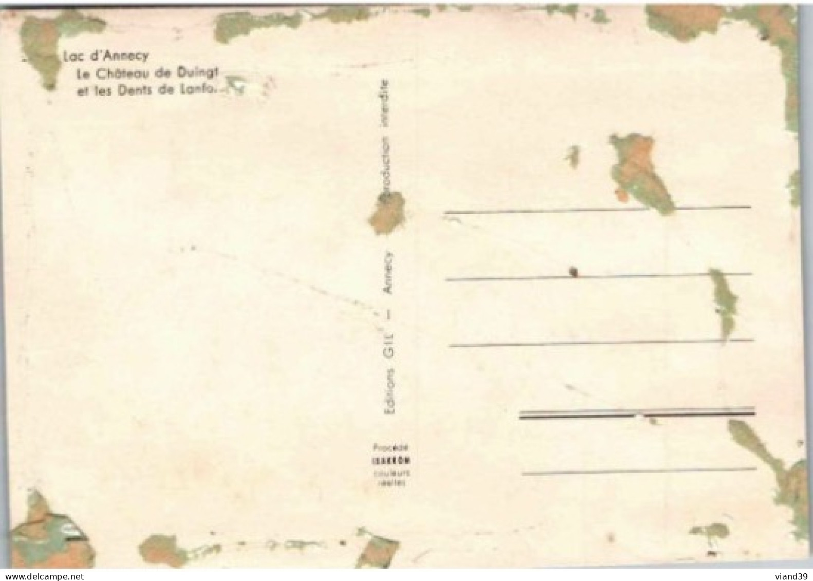 Lac D'Annecy. -  Ile Château Et Les Dents De Lanfon.    Non écrite.   Traces De Collage Au Dos - Duingt