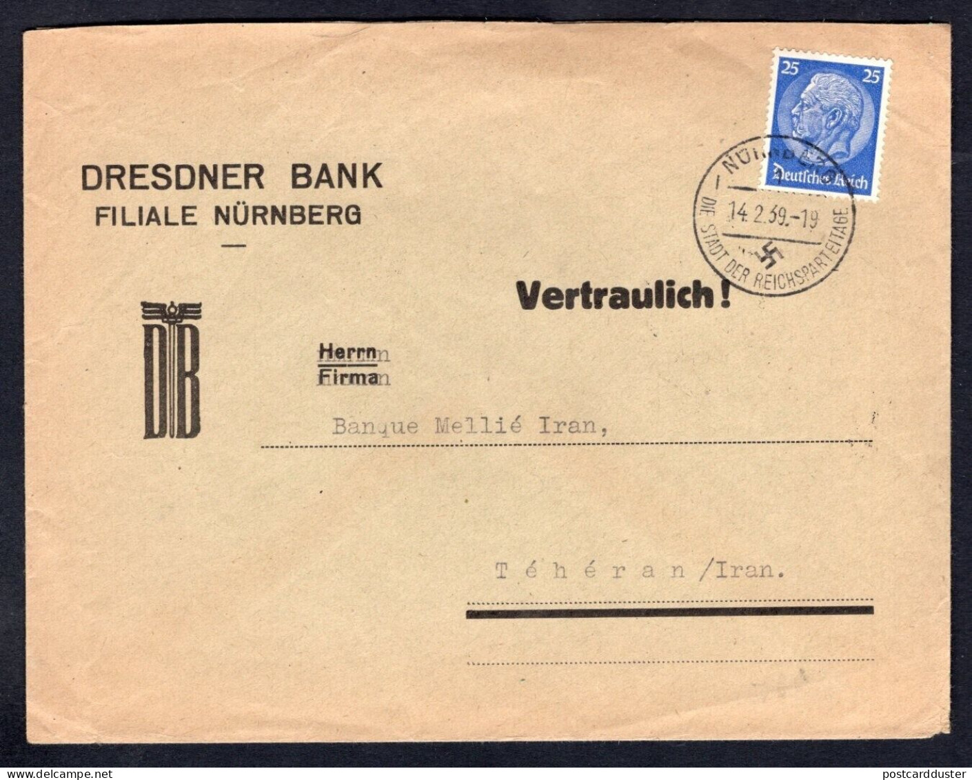 GERMANY 1939 Bank Cover To Teheran Iran (p89) - Cartas & Documentos