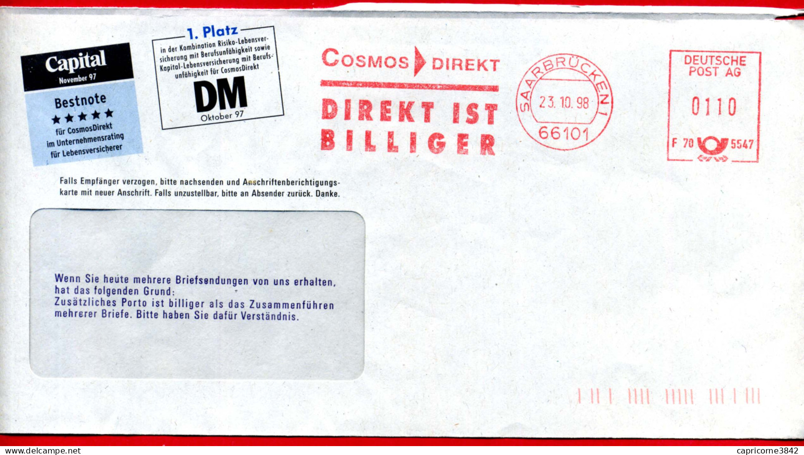 1998 - Allemagne Fédérale - Lettre  De Saarbrücken Machine à Affranchir "DIREKT IST BILLIGER" - Machines à Affranchir (EMA)