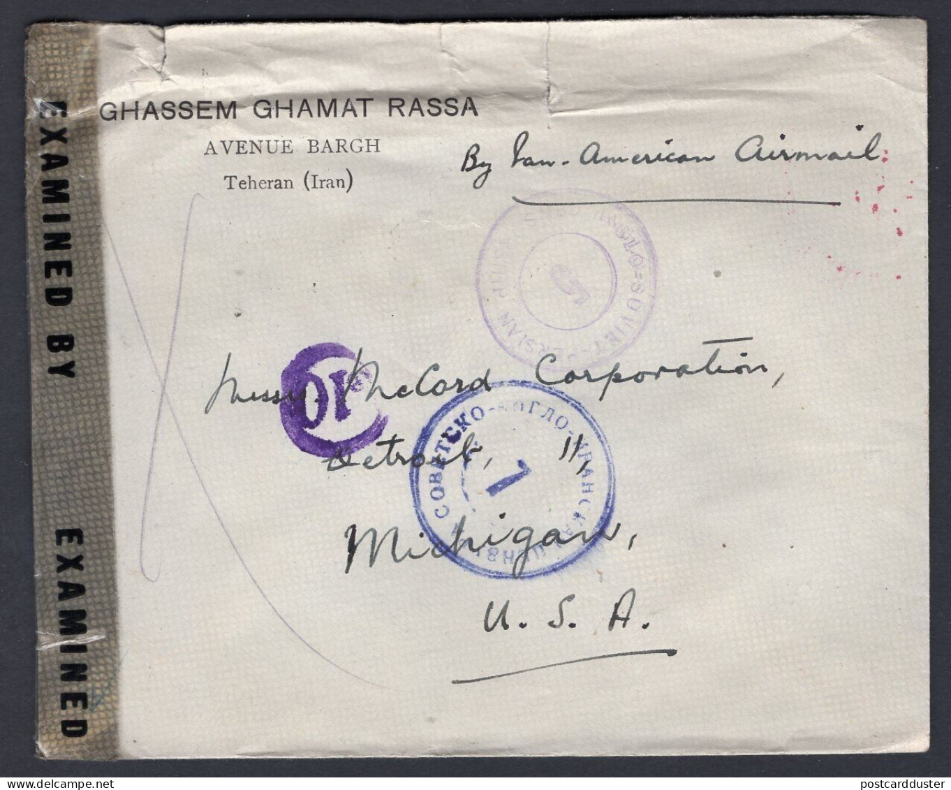 IRAN 1945 Censored Cover To USA. Anglo-Soviet Censorship Mark (p501) - Irán