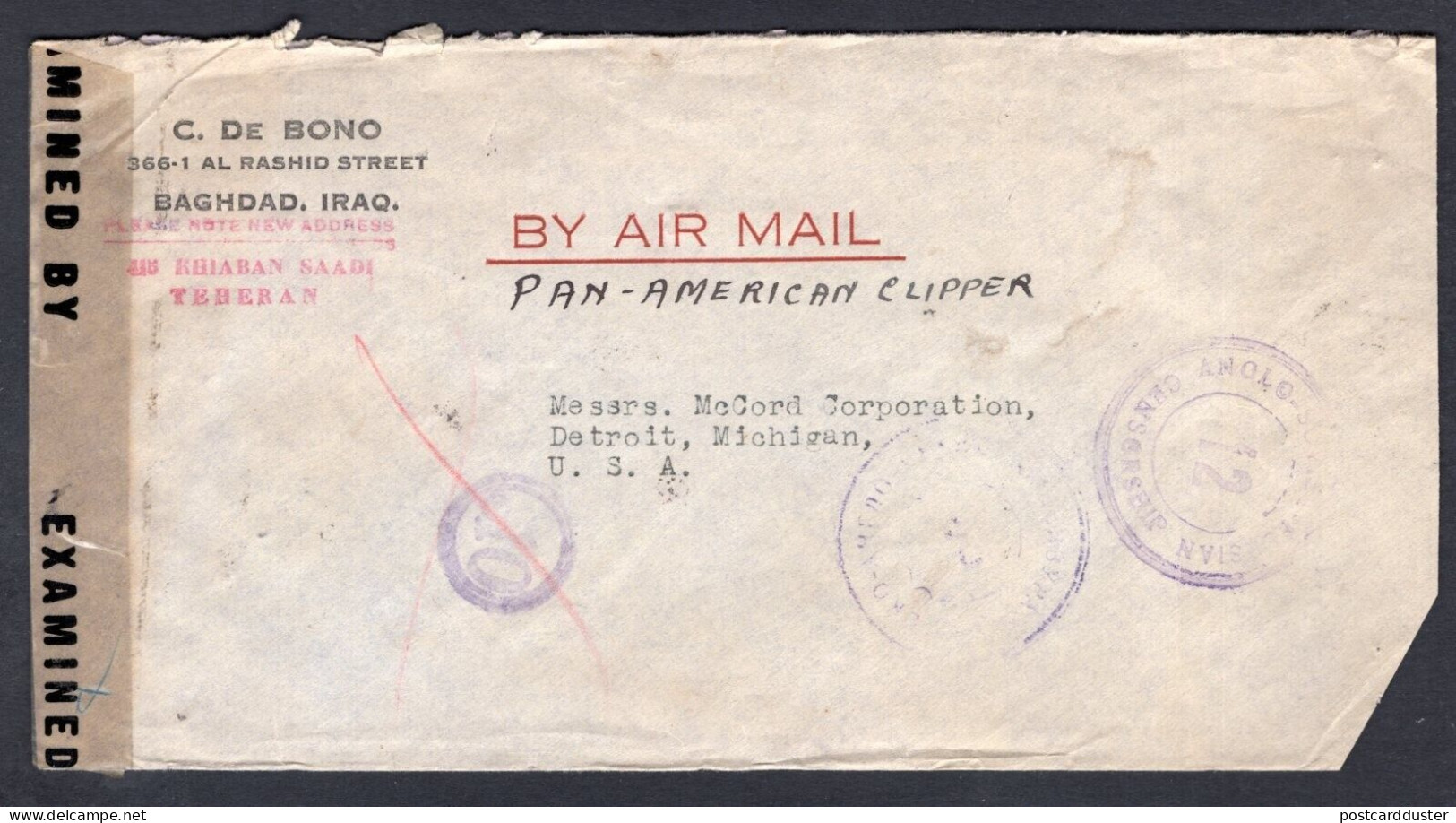 IRAN 1945 Anglo Soviet Censored Cover To USA. Pan-Am Clipper Airmail Label (p314) - Irán